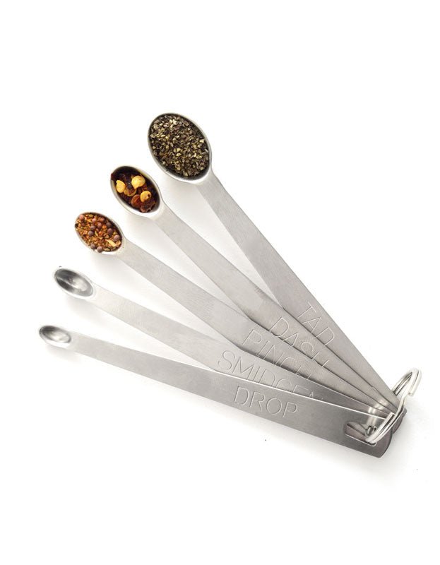 Pure Indian Foods Mini Stainless Steel Measuring Spoons Set, with 5 Spoons (Tad, Dash, Pinch, Smidgen, Drop)