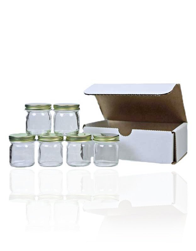 Pure Indian Foods Set of 6 Empty Jars (1 oz each) with metal lids (color may vary), in a Cardboard Box