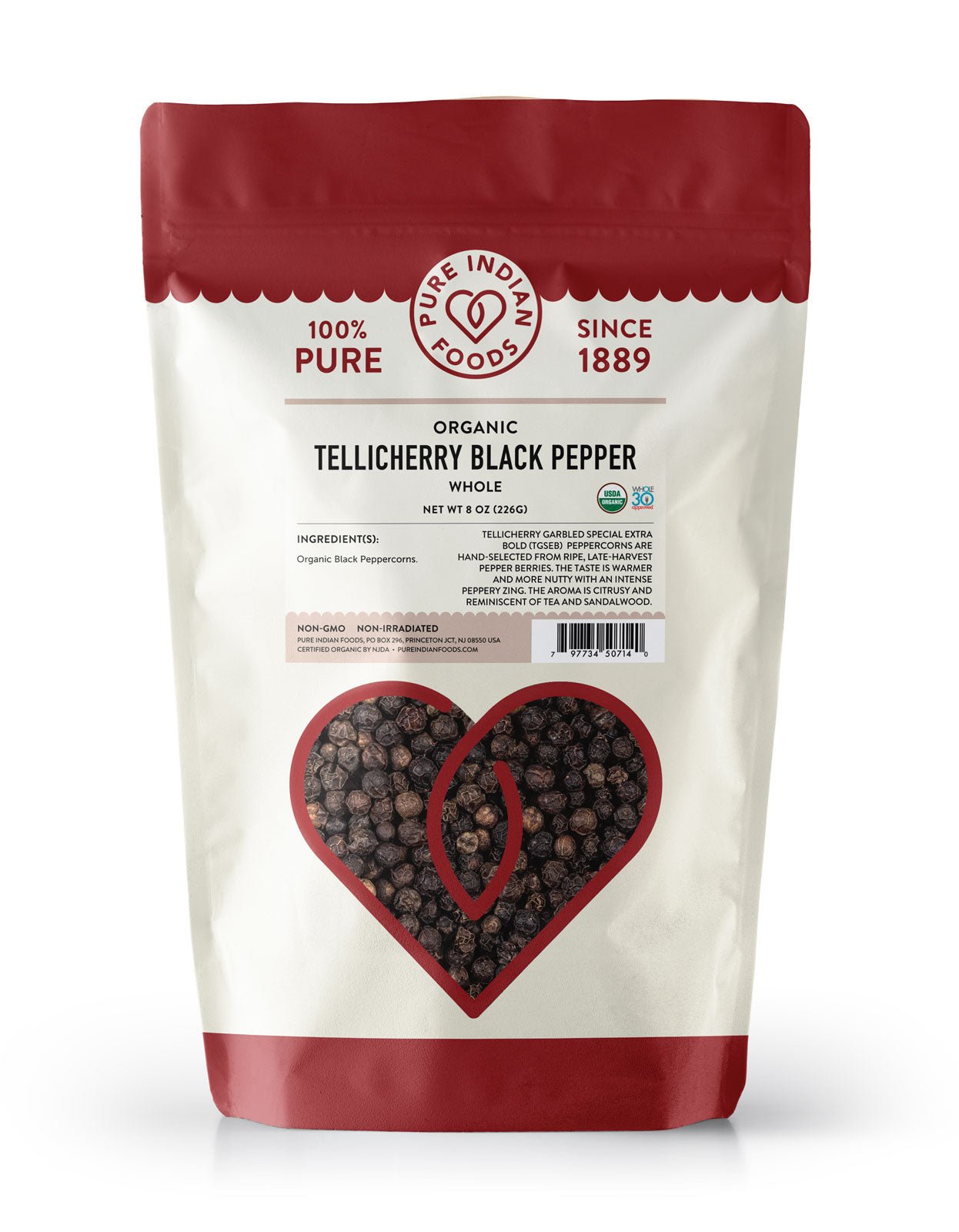 Pure Indian Foods Tellicherry Special Extra Bold Peppercorns, Certified Organic