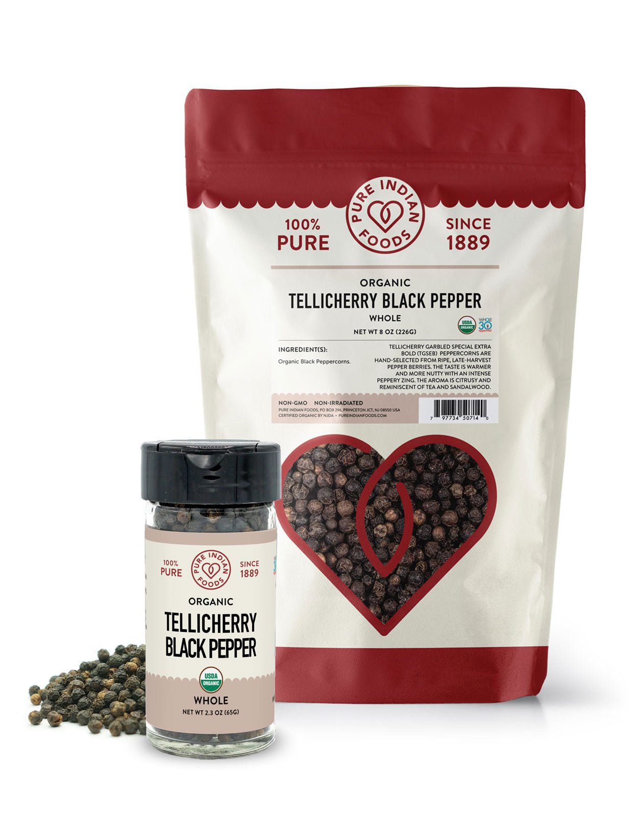 Pure Indian Foods Tellicherry Special Extra Bold Peppercorns, Certified Organic