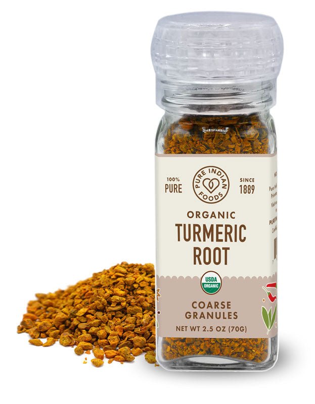 Pure Indian Foods Turmeric Root Coarse Granules, Certified Organic - 2.5 oz, in Grinder Top Bottle